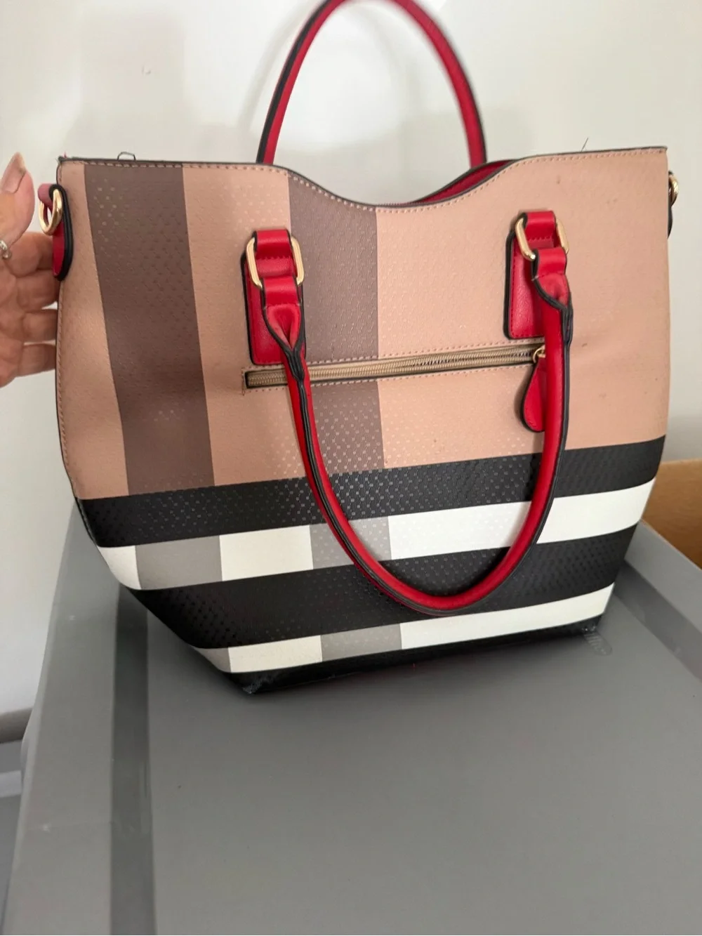Red-Trim Striped Tote Bag - Women's Handbag